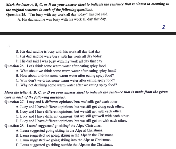 câu 25-28 đề minh họa tiếng anh vào 10